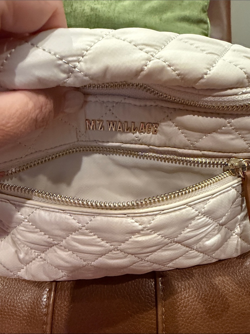 MZ Wallace Crosby Sling Bag - Cream Quilted Crossbody Belt Bag with Tan Trim - Picture 15 of 17